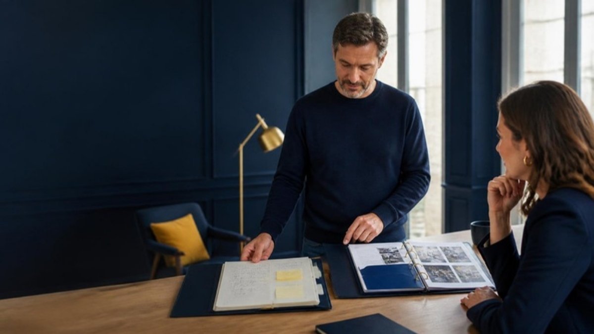 Homme comparant deux dossiers avec une conseillère, l'un pour un bilan de compétences, l'autre pour une VAE